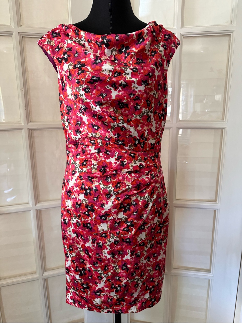 Ann Taylor Fuchsia and Black Floral Cowl-Neck Sheath Dress